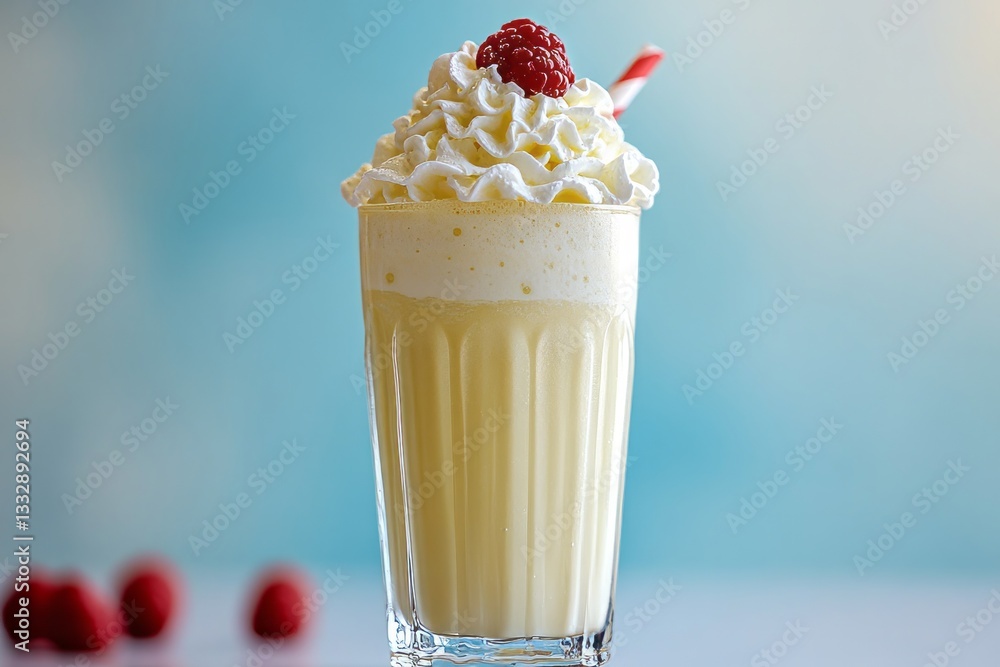 Creamy milkshake topped with whipped cream and raspberries in a glass on a bright background