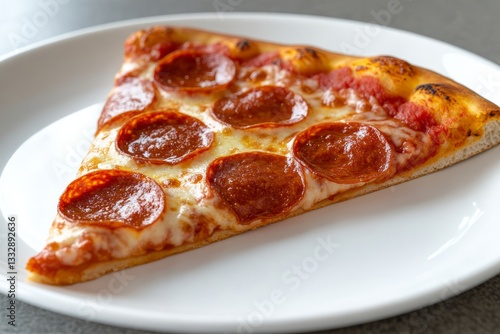 Obraz na płótnie Slice of pepperoni pizza on a white plate, showcasing melted cheese and crispy crust w salonie