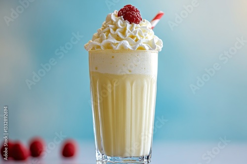 Obraz na płótnie Creamy milkshake topped with whipped cream and raspberries in a glass on a bright background w salonie