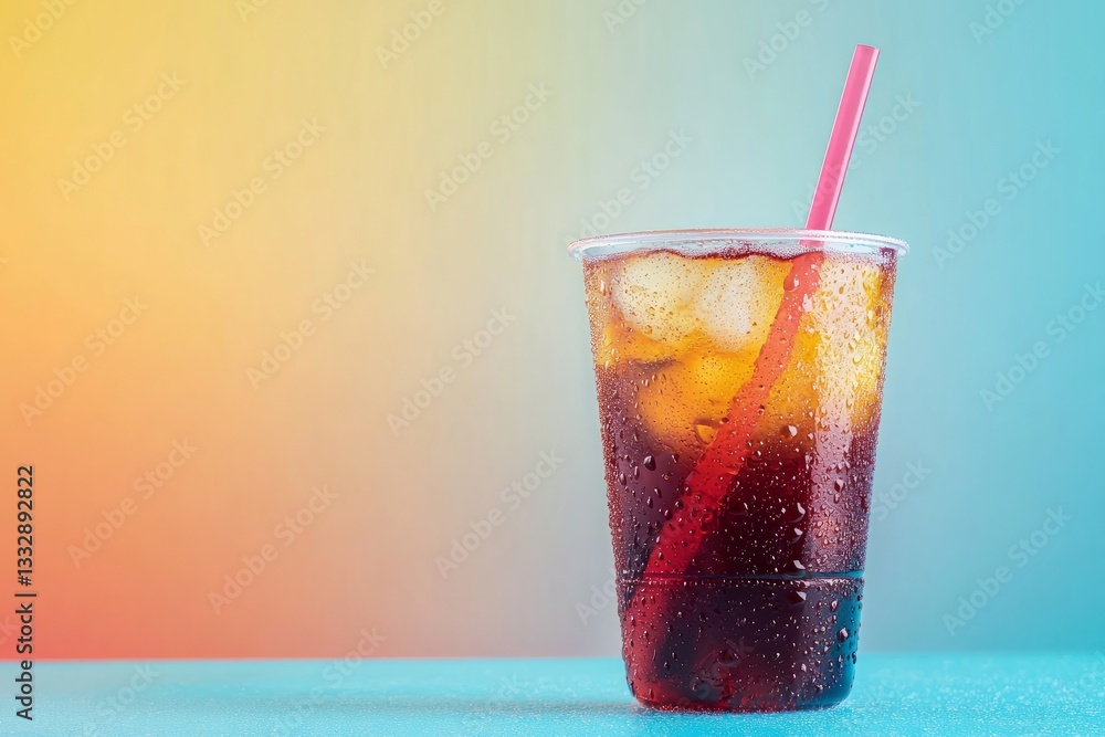 Refreshing beverage with ice and straw in bright colors on a warm day in a cozy setting