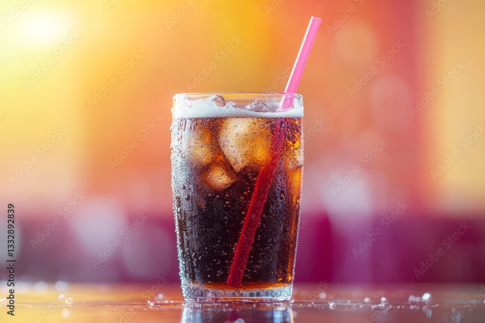 Refreshing beverage served in a chilled glass with ice and a straw against a vibrant sunset backdrop