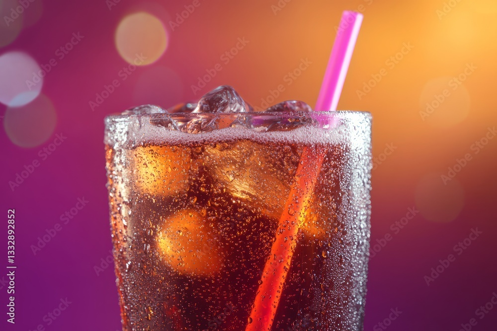Refreshing cold beverage served with ice and a pink straw against colorful background