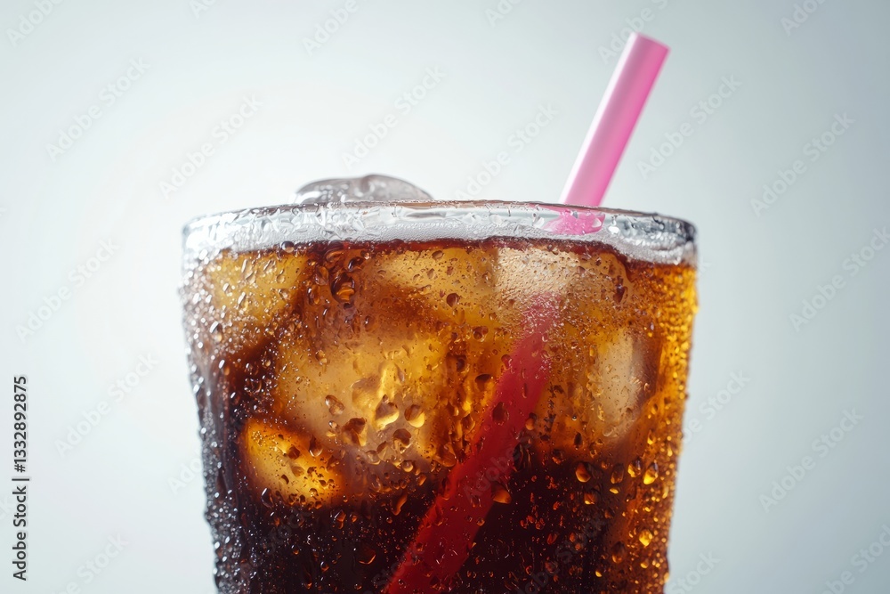 Refreshing cold beverage with ice and straw captured in a close-up setting