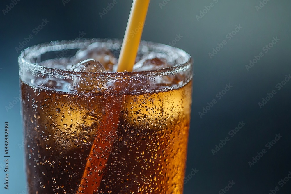 Refreshing beverage with ice and bubbles served in a glass on a warm day