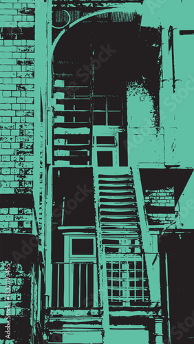 Old iron staircase and brickwork silhouette