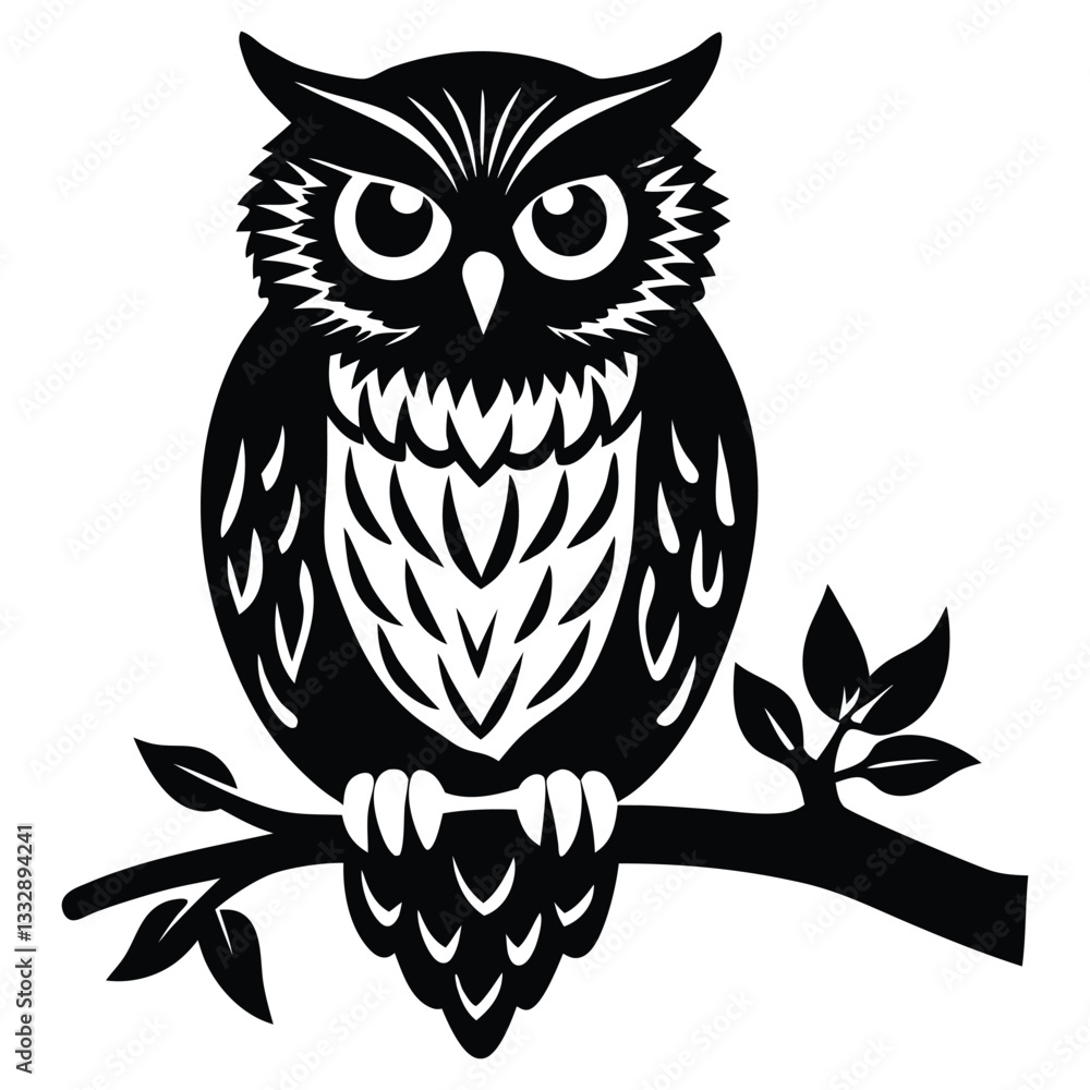 Obraz premium Owl Silhouette on Branch, Owl sitting on a tree branch vector silhouette an white background