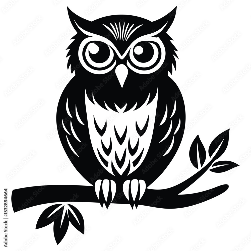 Obraz premium Owl Silhouette on Branch, Owl sitting on a tree branch vector silhouette an white background