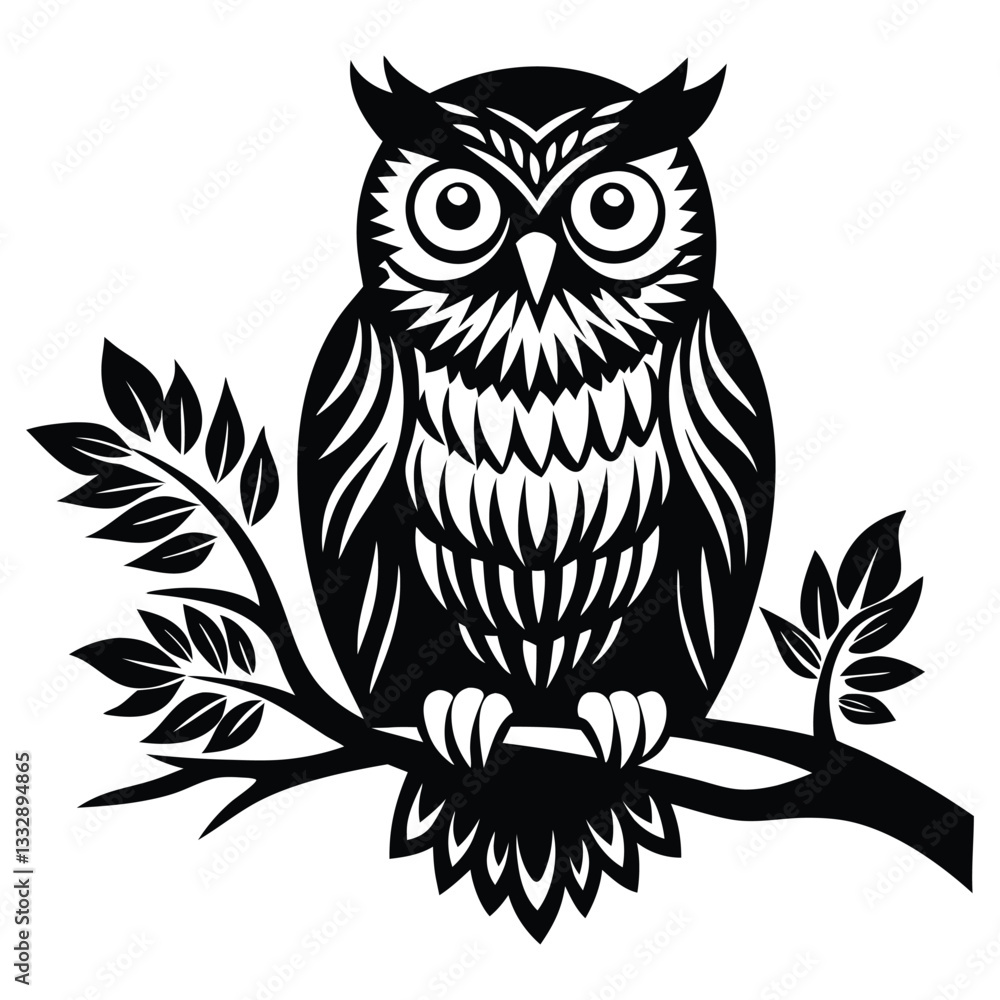 Fototapeta premium Owl Silhouette on Branch, Owl sitting on a tree branch vector silhouette an white background