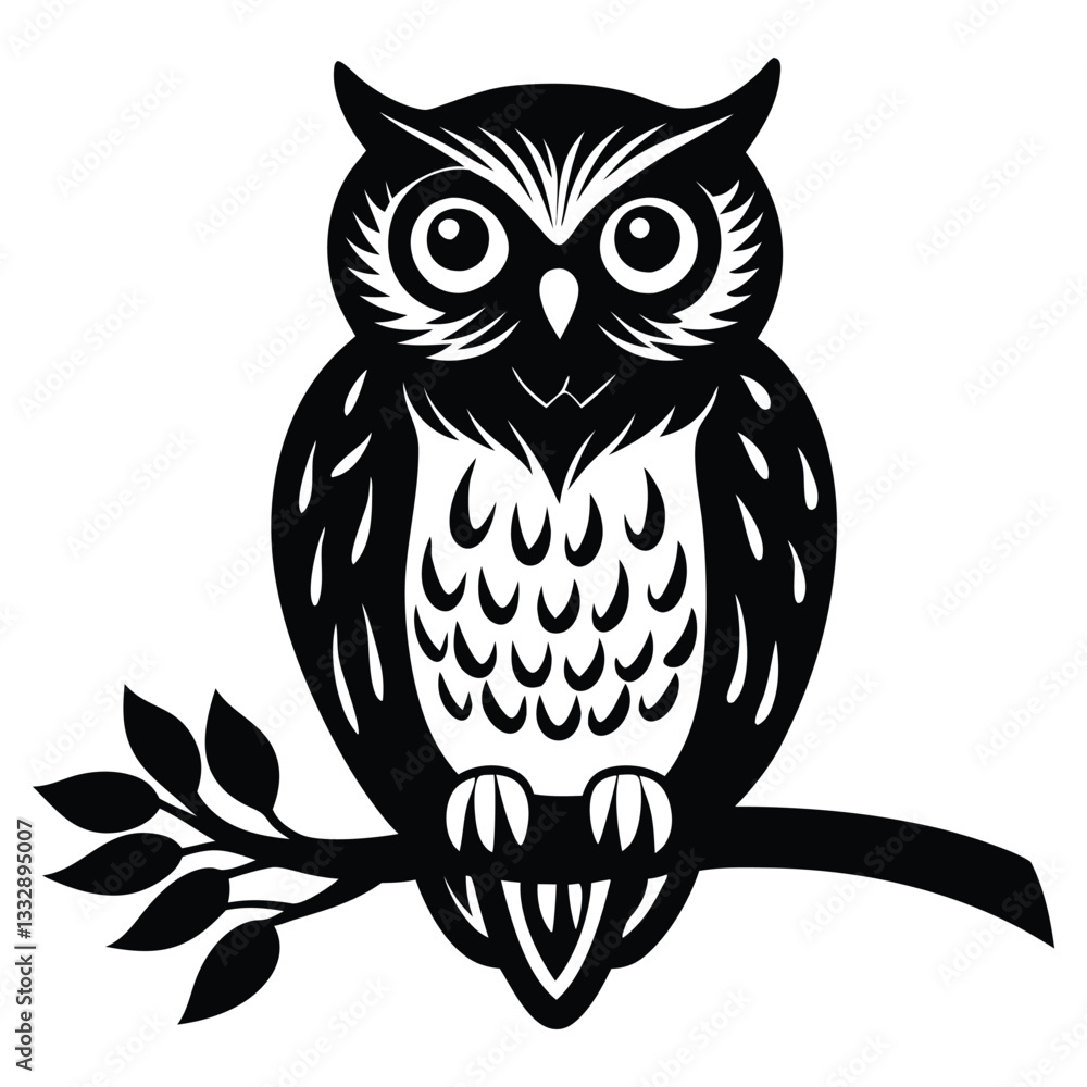 Fototapeta premium Owl Silhouette on Branch, Owl sitting on a tree branch vector silhouette an white background