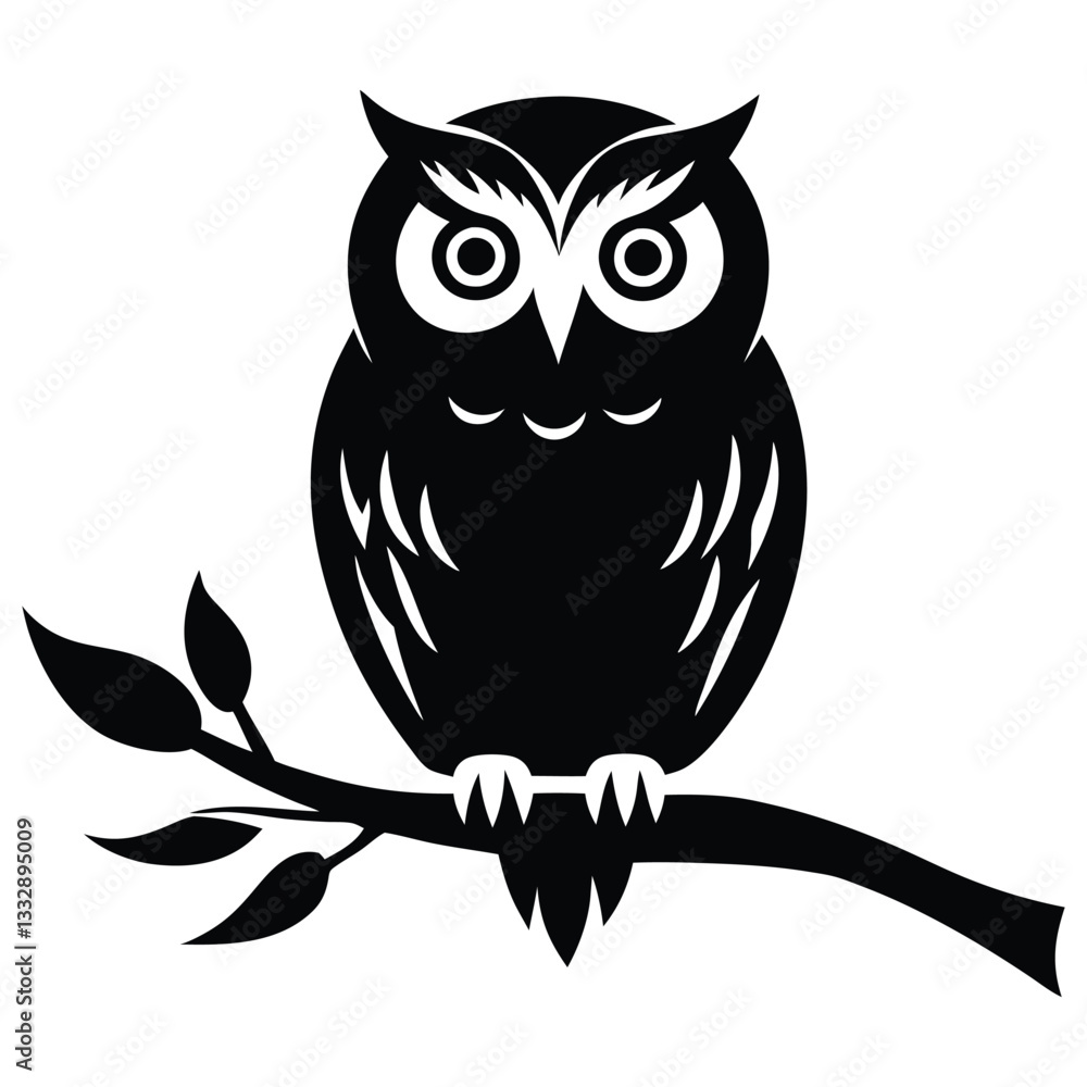 Fototapeta premium Owl Silhouette on Branch, Owl sitting on a tree branch vector silhouette an white background