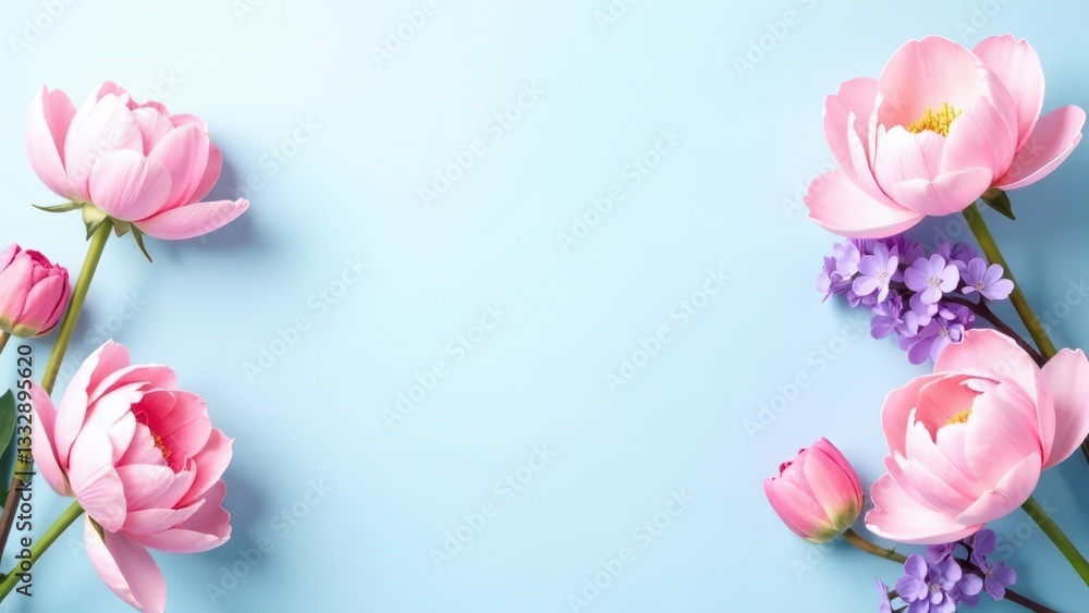 Pink peonies and purple flowers arranged on a pastel blue background, floral concept Pink peonies and purple flowers arranged on a pastel blue background, floral concept