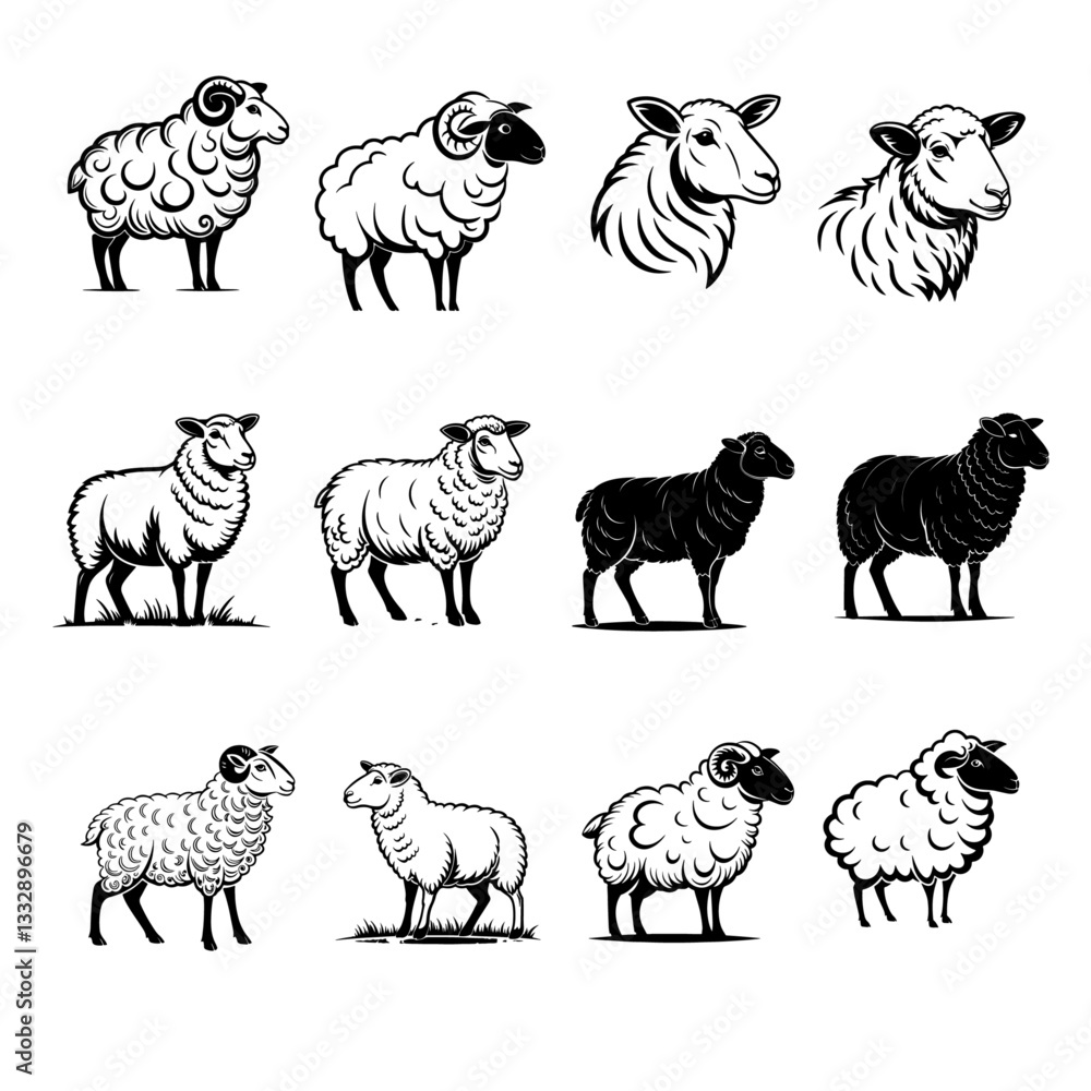 Fototapeta premium Sheep silhouette illustration bundle vector Style with white background