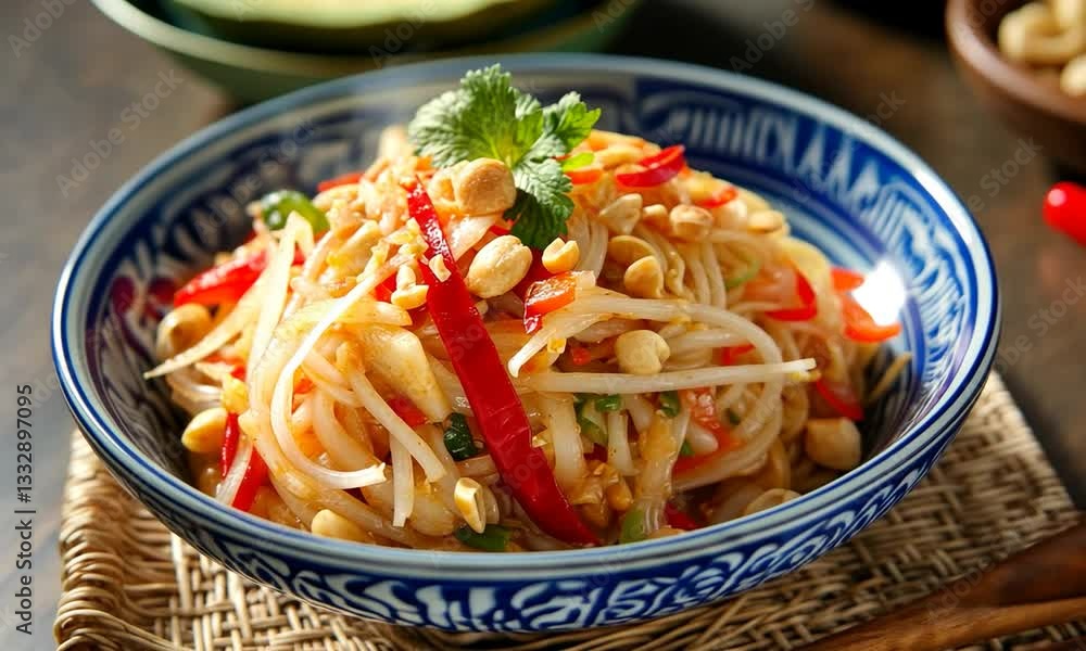 A vibrant bowl of spicy noodle salad garnished with herbs and peanuts, set on a rustic wooden table A vibrant bowl of spicy noodle salad garnished with herbs and peanuts, set on a rustic wooden table