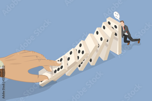 3D Isometric Flat Vector Illustration of Domino Effect, Strategy for Preveting a Disaster