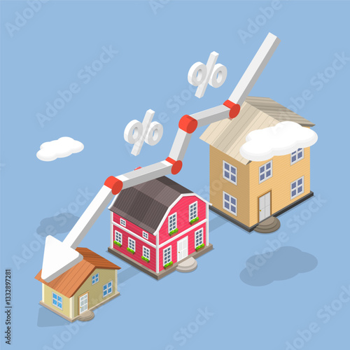 3D Isometric Flat Vector Illustration of Real Estate Investment Risks, Fluctuations In Housing Prices