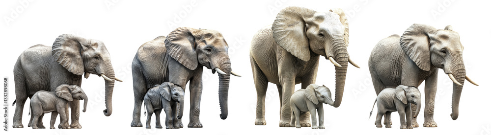 Obraz premium Family of Elephants Walking Together in Natural Habitat Scene, Isolated on Transparent Background