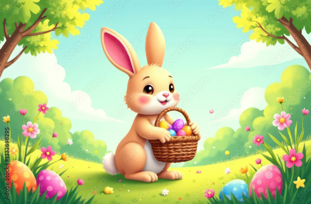 Little rabbit and colored eggs in a basket on spring green grass. Cute bunny. Easter egg hunt with pet bunny. Little rabbit and colored eggs in a basket on spring green grass. Cute bunny. Easter egg hunt with pet bunny.