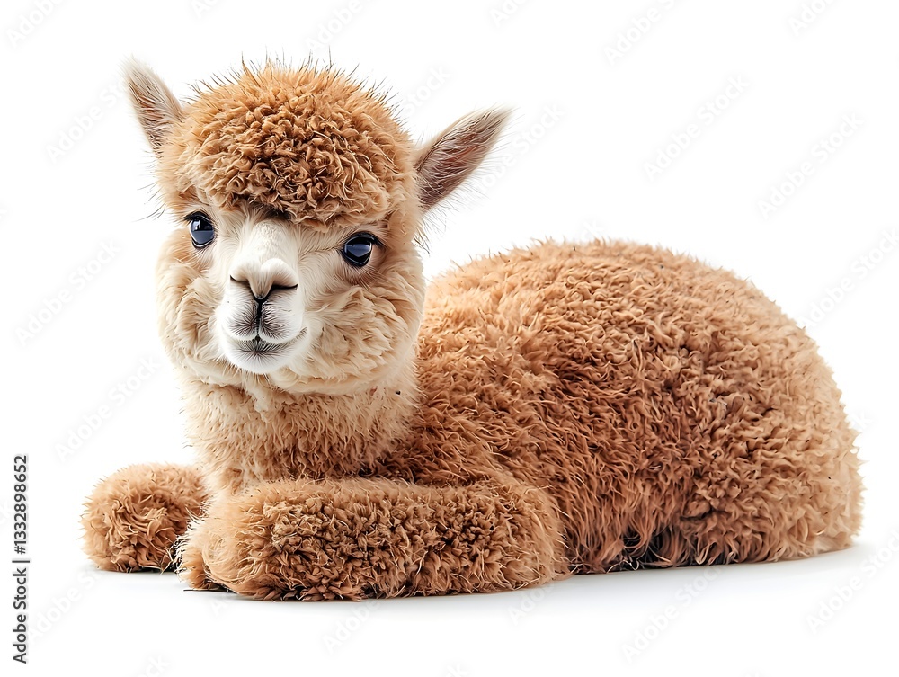Fototapeta premium Irresistibly Cuddly Fluffy Alpaca with Glowing Expression on White Background