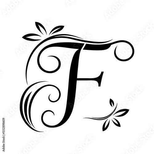 Elegant floral letter f design with swirls and leaves