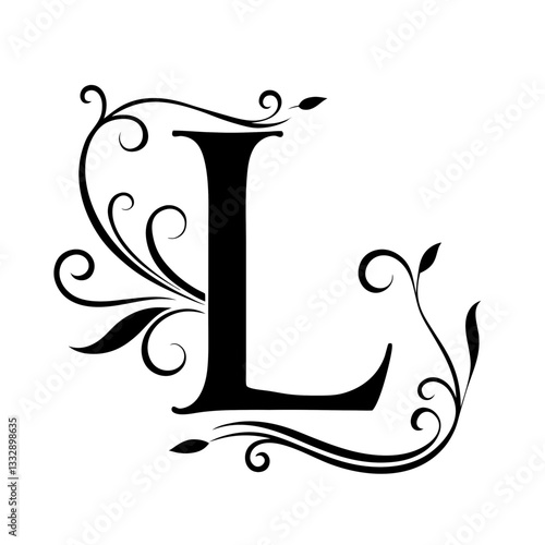 Elegant vintage letter l with flourishes and decorative leaves on white background