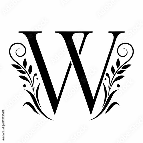 Ornate letter w with decorative flourishes and leaf motifs