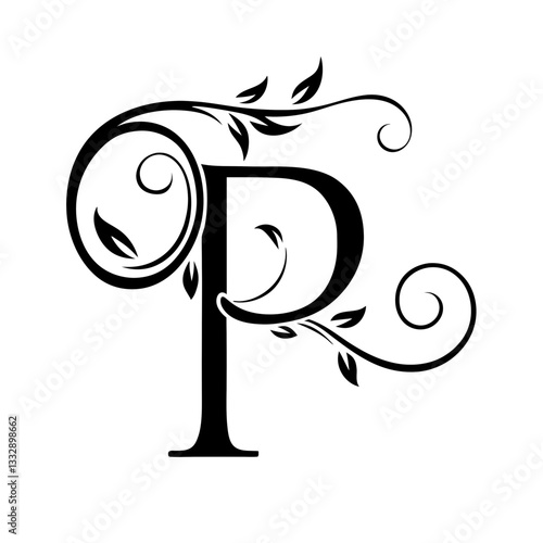 Elegant swirled letter p with floral leaf design on white background