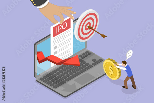 3D Isometric Flat Vector Illustration of Initial Public Offering, IPO, Launch and Strategy of Public Stock