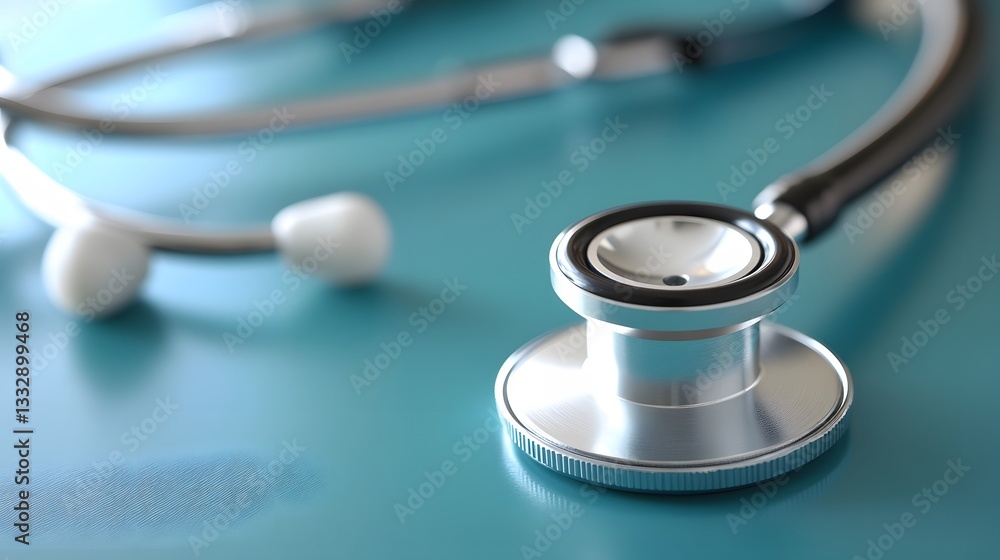 Closeup Medical Stethoscope on Teal Surface Closeup Medical Stethoscope on Teal Surface