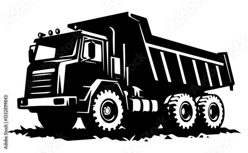 Black and white silhouette of a dump truck on a white isolated background. Vector graphics. EPS.