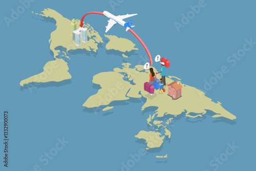 3D Isometric Flat Vector Illustration of International Emigration, Brain Drain, Digital Nomad
