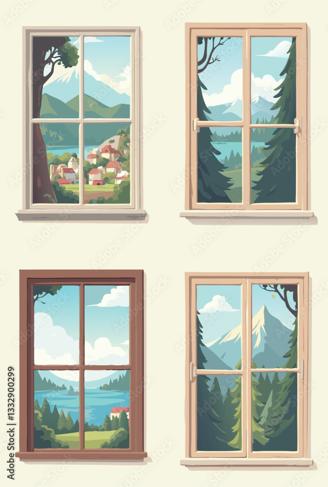 Obraz premium Four windows overlooking beautiful landscapes with mountains, lakes, and trees