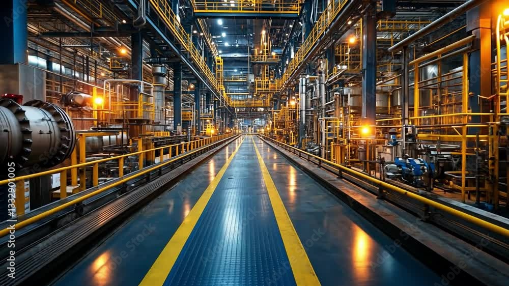 A vast industrial manufacturing facility with illuminated pathways and intricate piping systems A vast industrial manufacturing facility with illuminated pathways and intricate piping systems
