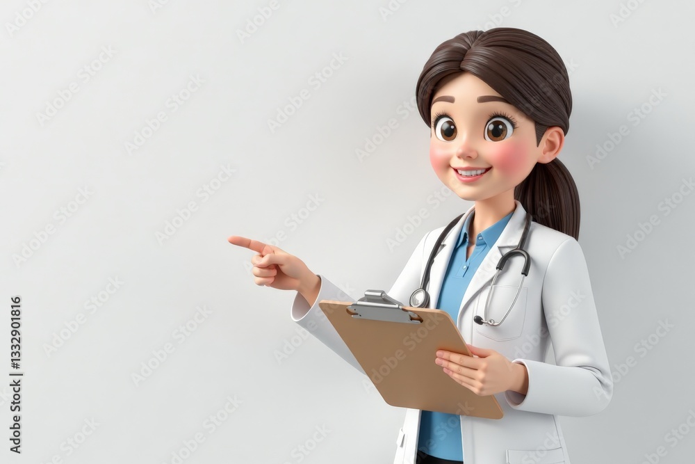 3D Cartoon female doctor points left, smiling, holding a tablet against a brick wall background.