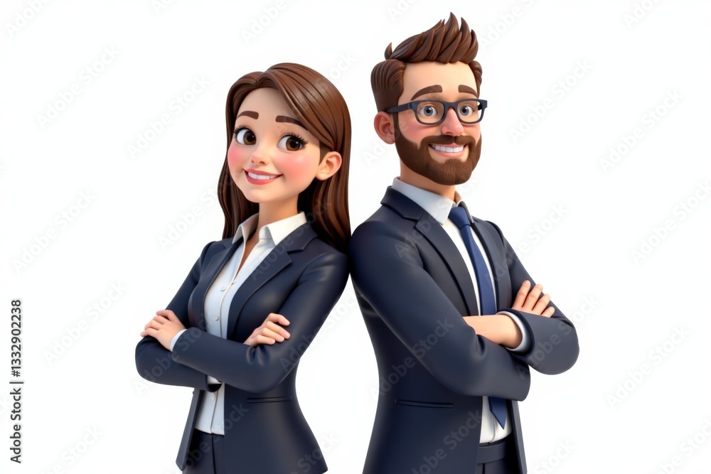 Two 3D cartoon business professionals, one male and one female, stand back-to-back with crossed arms, smiling.