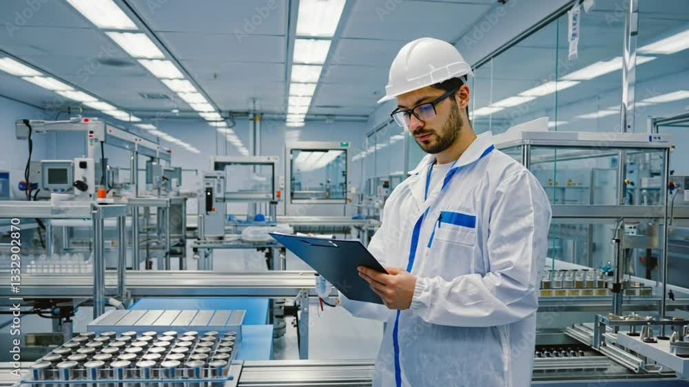 Engineer in Clean Suit and Hard Hat Inspecting Production Line with Clipboard Engineer in Clean Suit and Hard Hat Inspecting Production Line with Clipboard