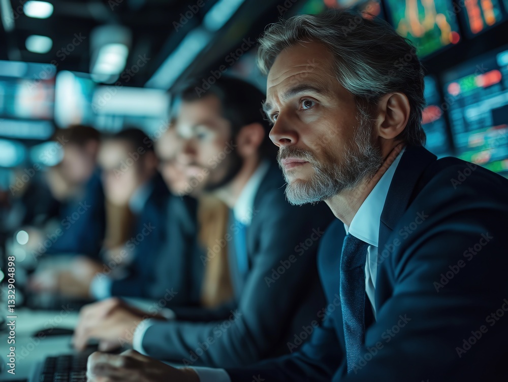 Team of Business Professionals Engaging in Financial Analysis and Strategic Planning in a Dynamic Office Workspace with Advanced Digital Tools Team of Business Professionals Engaging in Financial Analysis and Strategic Planning in a Dynamic Office Workspace with Advanced Digital Tools