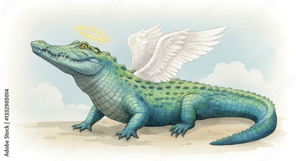 Obraz premium Watercolor Crocodile with Halo and Wings in a Dreamy Setting - A whimsical representation of a crocodile adorned with angelic wings and a halo, symbolizing purity, protection, transformation, spirit