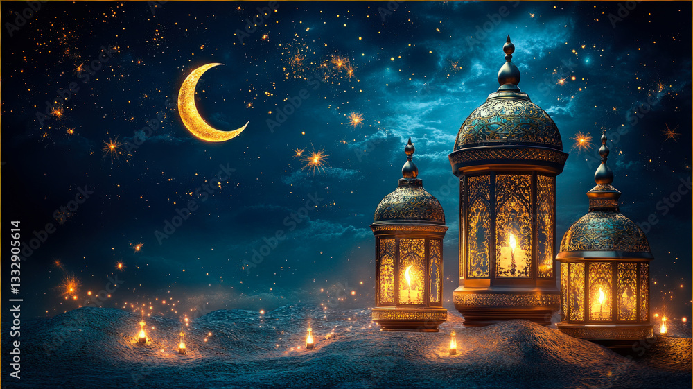 Fototapeta premium Islamic Lanterns and Crescent Moon Night Scene 