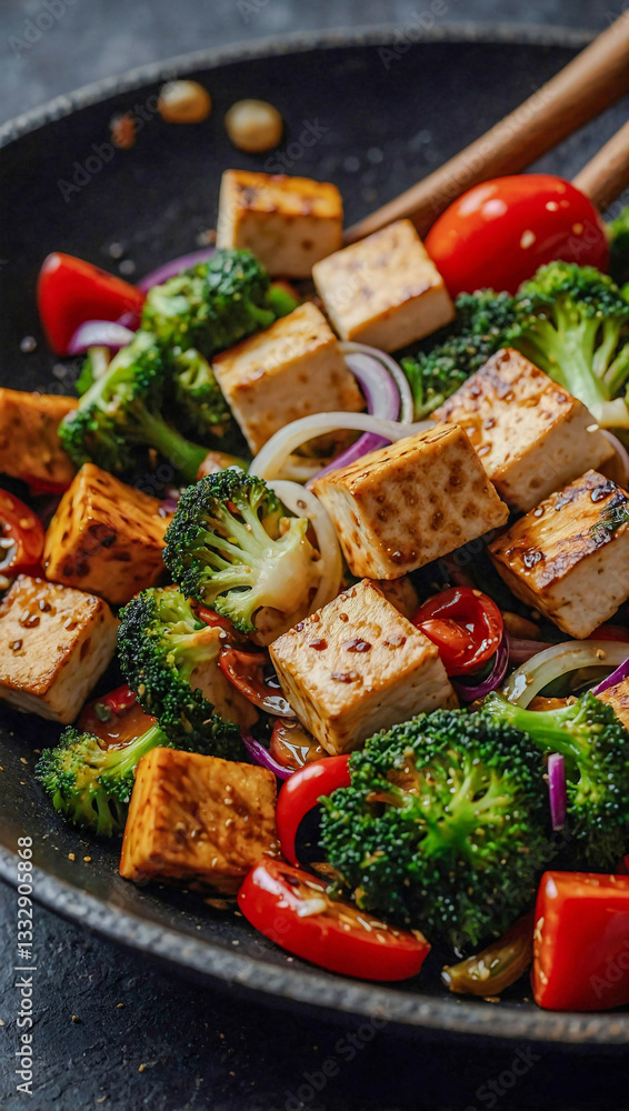Close-up of vibrant tofu stir fry with fresh vegetables