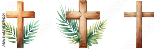 Christian cross vector sumbol .Palm Sunday consept. Wooden cross with palm leaves .  Good Friday .Ester celebration. Simple christian cross collection.