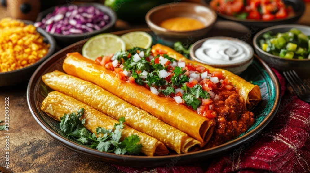 Deliciously golden, crispy tacos, topped with vibrant salsa and fresh herbs, served on a plate, with various toppings and ingredients displayed around Deliciously golden, crispy tacos, topped with vibrant salsa and fresh herbs, served on a plate, with various toppings and ingredients displayed around