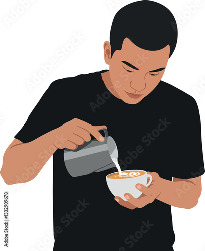 A barista skillfully pouring milk into a coffee cup, minimal style vector illustration
