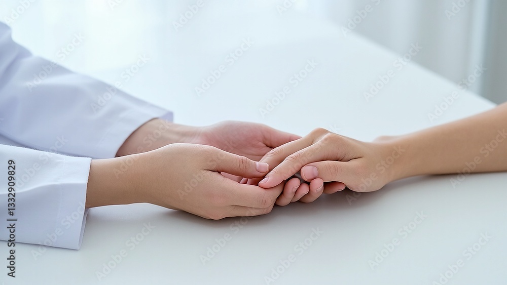 Doctor's comforting hand rests gently on patient's hand, offering medical support and empathetic care. Doctor's comforting hand rests gently on patient's hand, offering medical support and empathetic care.