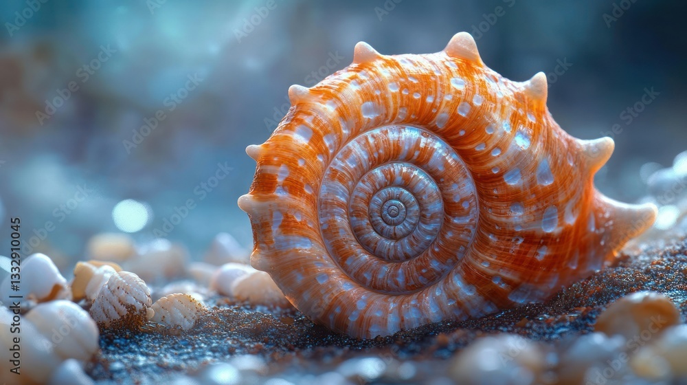 Detailed close-up of a spiral seashell, resting on a bed of small stones. Soft, muted colors evoke a sense of tranquility Detailed close-up of a spiral seashell, resting on a bed of small stones. Soft, muted colors evoke a sense of tranquility