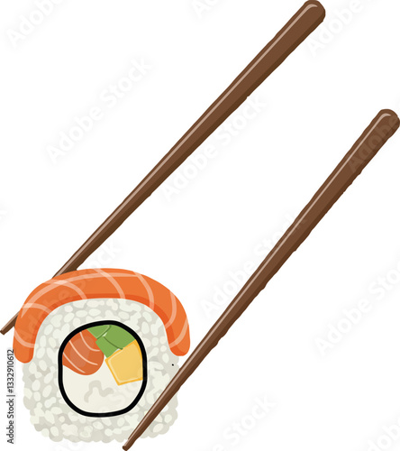 Sushi roll with colorful fillings held by chopsticks in a flat vector illustration