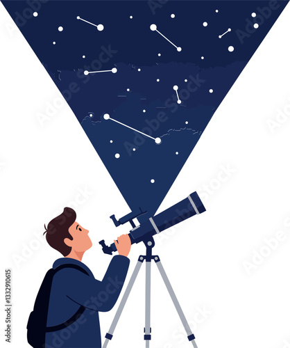 Enthusiastic stargazer observing constellations through a telescope in a minimal vector illustration