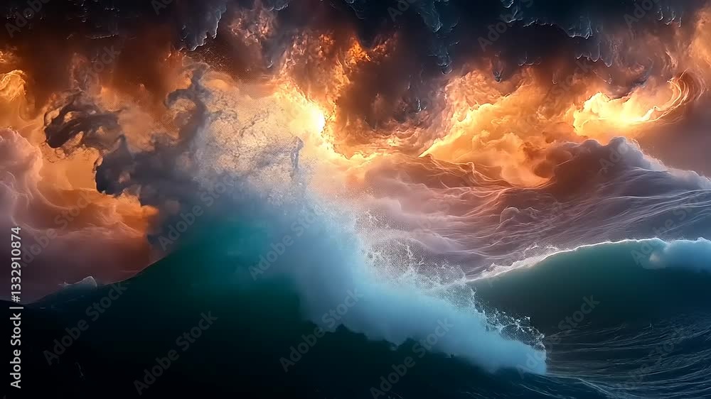 Dramatic ocean waves crash under a fiery sky, illustrating nature's power and beauty at sunset Dramatic ocean waves crash under a fiery sky, illustrating nature's power and beauty at sunset