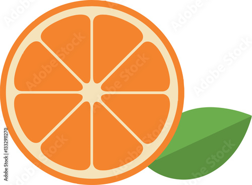 Juicy orange fruit slice with vibrant colors and green leaf in flat vector illustration
