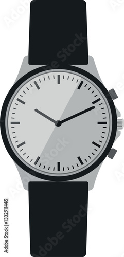 Sleek black strap wristwatch with minimalist design showcasing precision timekeeping in flat vector art