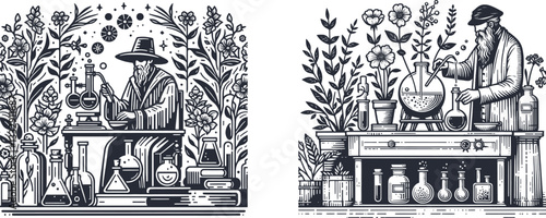 vintage set of Alchemist in laboratory in a floral garden vector illustration, engraving sketch ink poster black etching tattoo old color 